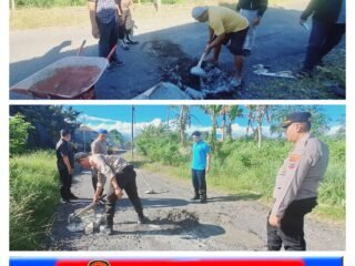 Polresta Banyuwangi Bersama Polsek Sempu Laksanakan Penambalan Jalan Berlubang di Desa Temuguruh Bersama Perangkat Desa