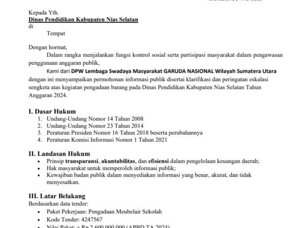 LSM Garuda Nasional Sumut Soroti Proyek Meubelair Rp2,6 Miliar Disdik Nias Selatan, Transparansi Dipertanyakan
