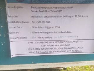 SWAKELOLA SMP 39 BULUKUMBA ANGGARAN 1,589 962 000 M ABAIKAN TUKANG BURUH LOKAL*