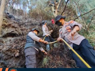 Antisipasi Ancaman Karhutla Bromo Merembet ke Ngadisari, Polres Probolinggo Terjunkan Personel Padamkan Api di Blok Seruni