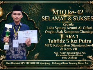 Lalu Syauqi Azumi Al-Gifari Asal Tanjung Bonai Aur Sumpur Kudus Raih Juara 1 Tahfidz 5 Juz MTQ ke-42 Sijunjung di Koto VII*